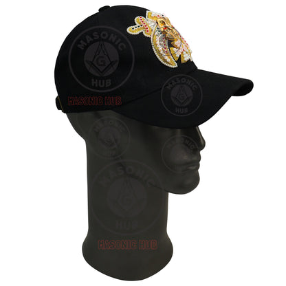 Masonic Shriner Black Cap – Handcrafted with Lotus Emblem, Rhinestones & Bullion