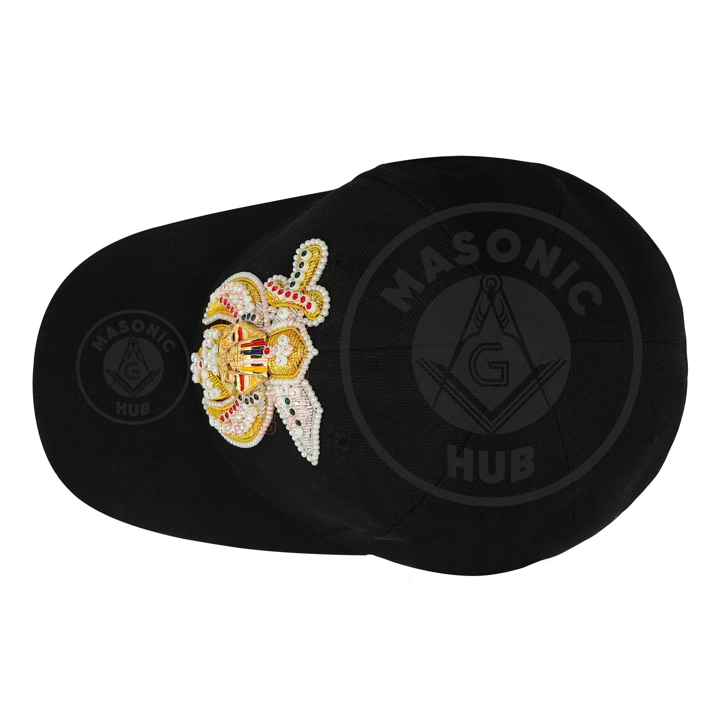 Masonic Shriner Black Cap – Handcrafted with Lotus Emblem, Rhinestones & Bullion