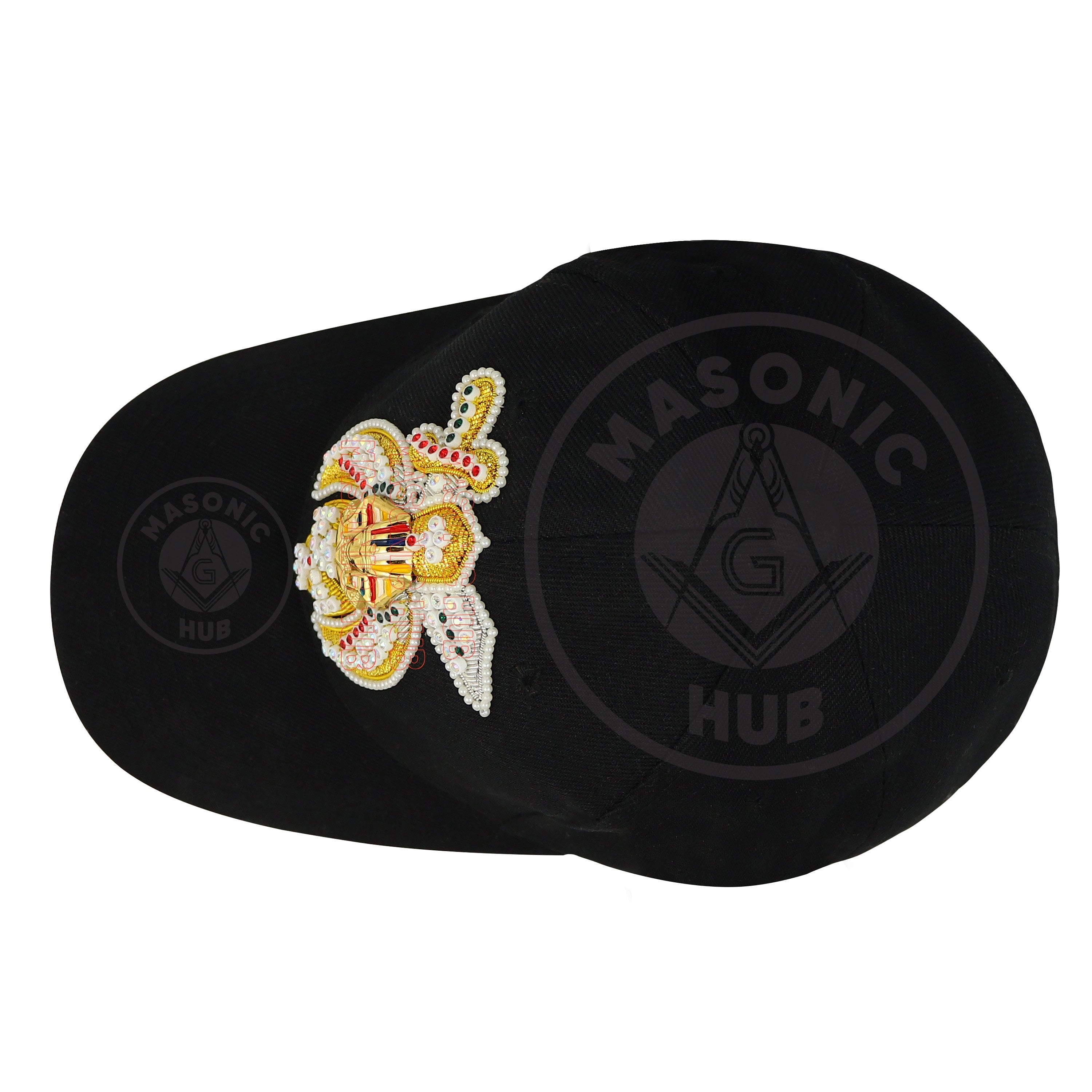 Masonic Shriner Black Cap – Handcrafted with Lotus Emblem, Rhinestones & Bullion My Store