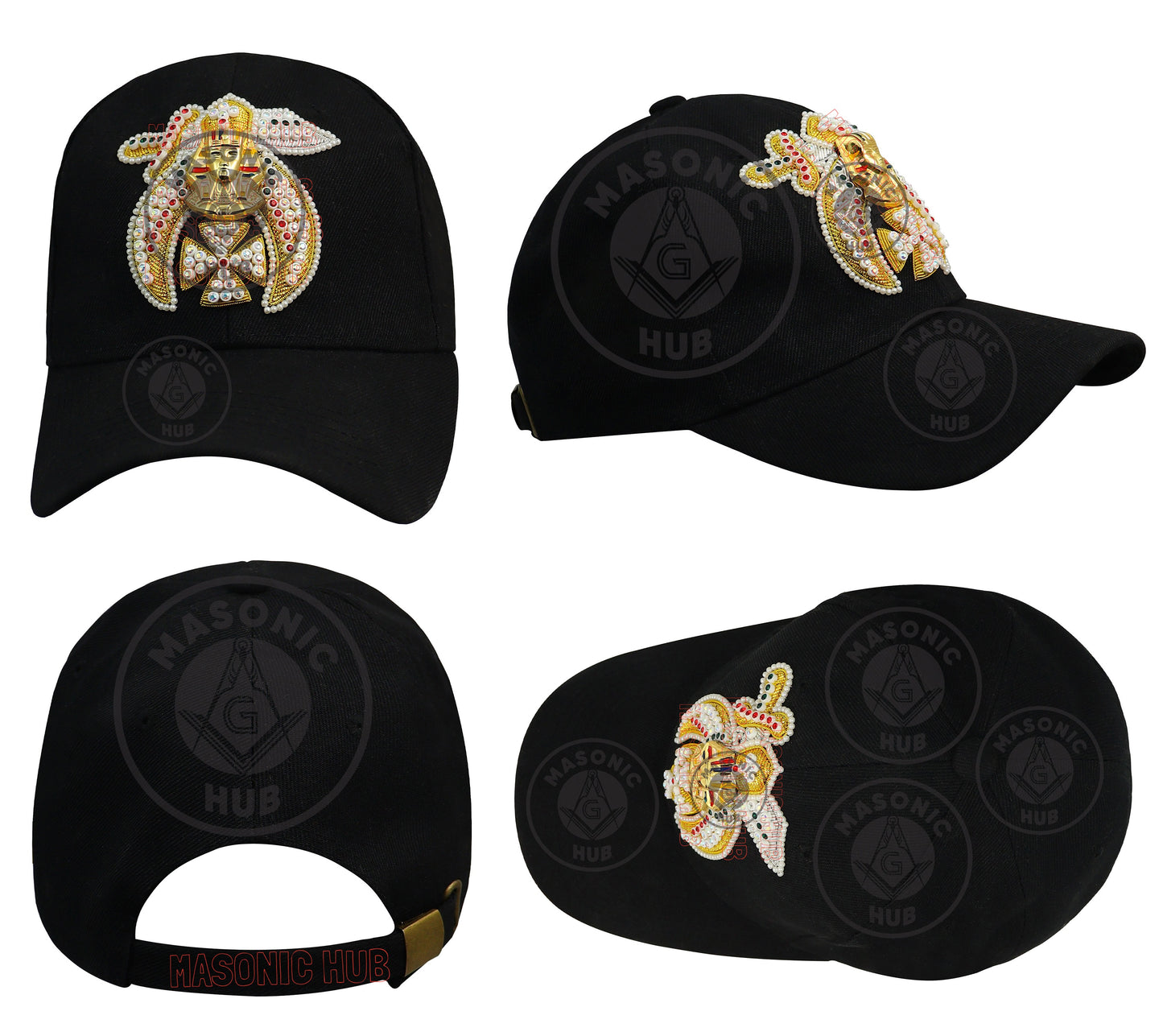 Masonic Shriner Black Cap – Handcrafted with Lotus Emblem, Rhinestones & Bullion