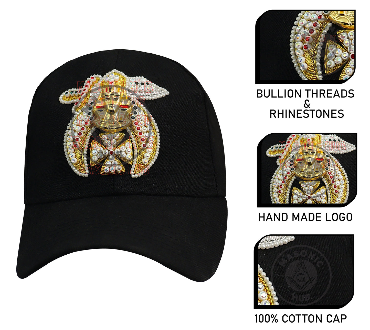 Masonic Shriner Black Cap – Handcrafted with Lotus Emblem, Rhinestones & Bullion