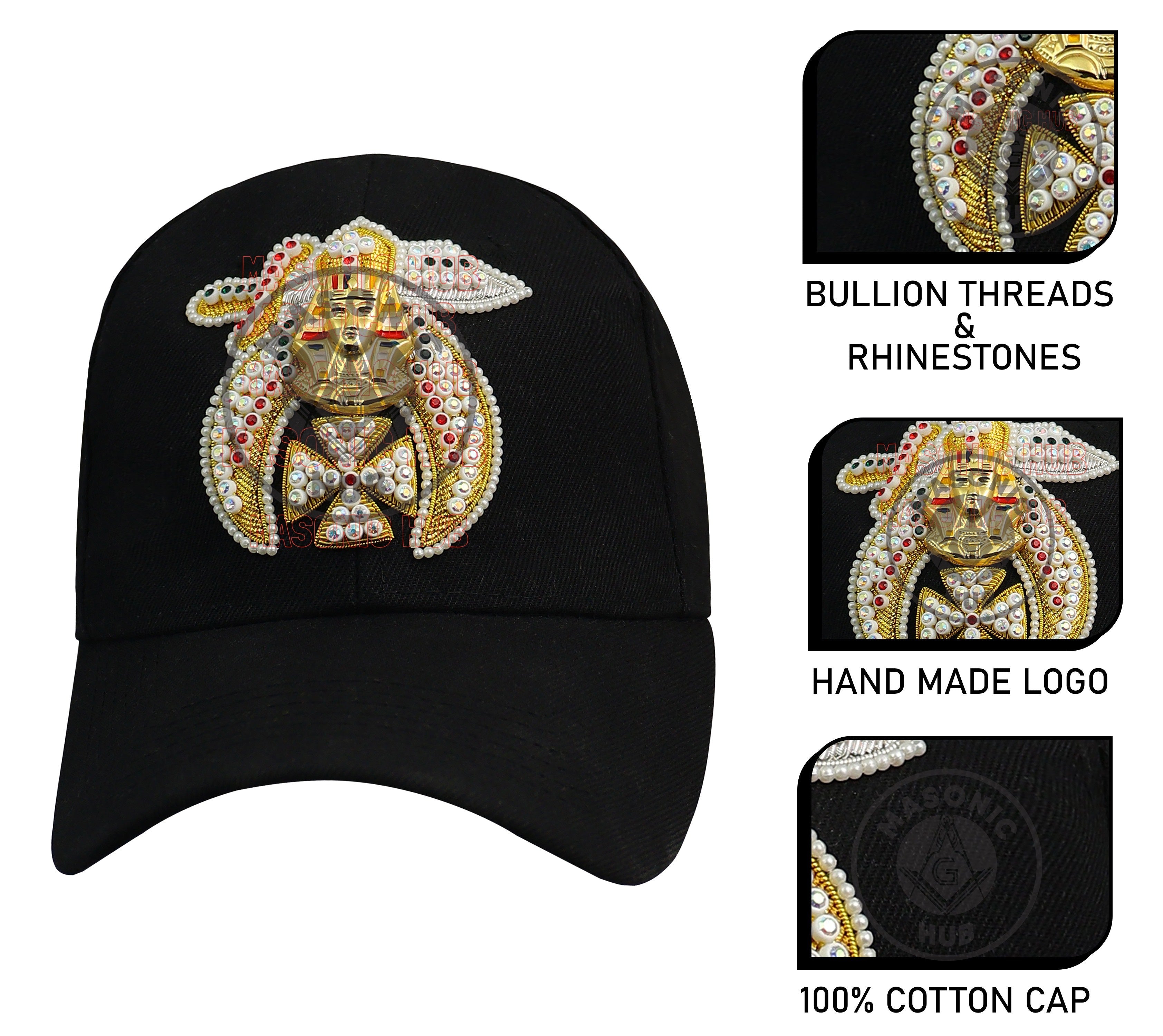 Masonic Shriner Black Cap – Handcrafted with Lotus Emblem, Rhinestones & Bullion My Store
