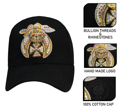 Masonic Shriner Black Cap – Handcrafted with Lotus Emblem, Rhinestones & Bullion