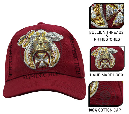 Masonic Shriner Maroon Cap – Handcrafted with Lotus Emblem Rhinestones & Bullion