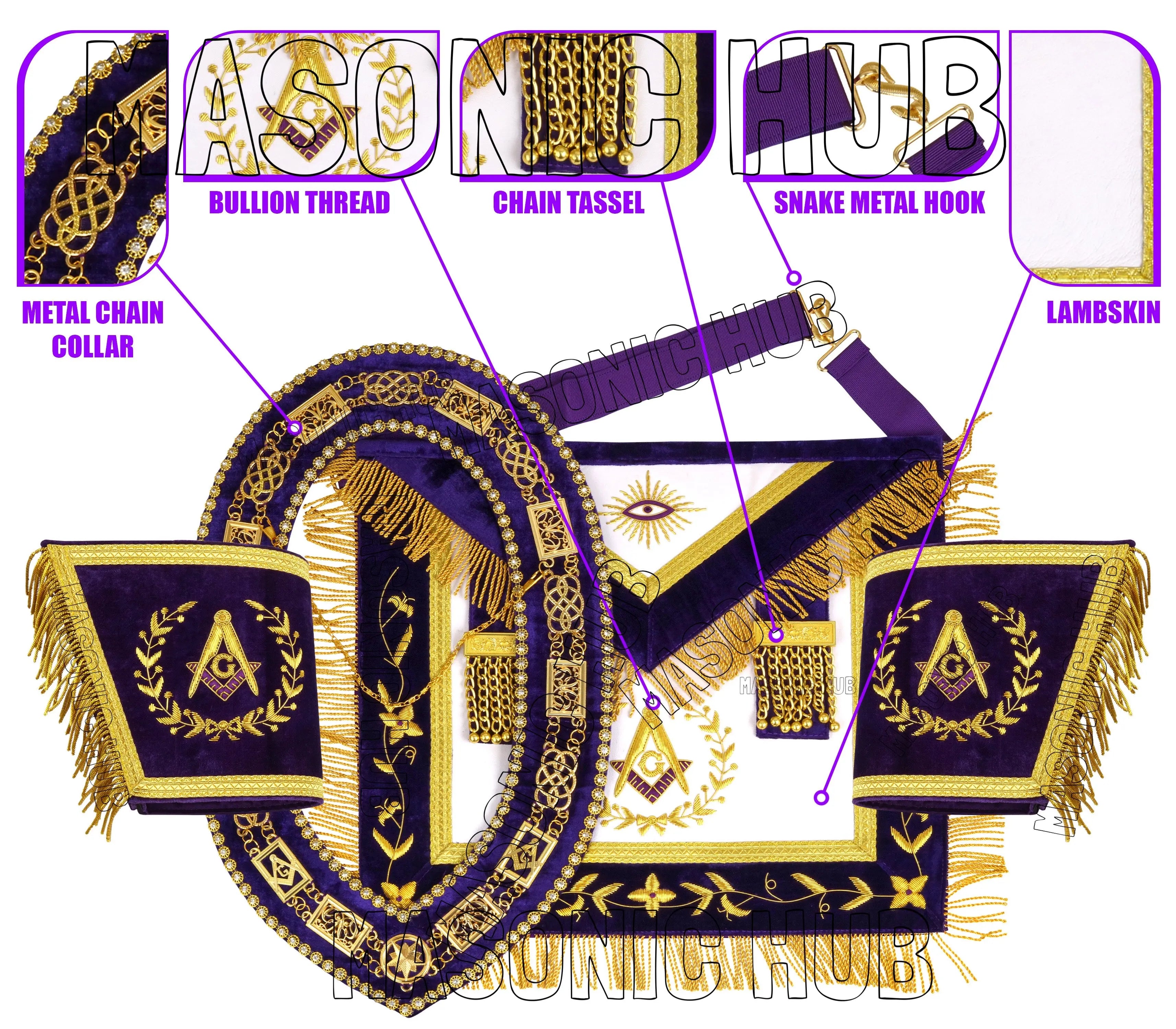MASONIC GRAND LODGE MASTER MASON 100% LAMBSKIN APRON + CHAIN COLLAR + GAUNTLETS Masonic Hub