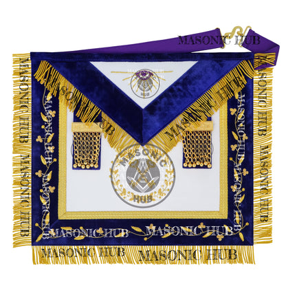 Grand Lodge Officer Aprons Set of 12 – Freemason Lambskin Regalia with Gold Bullion Hand Embroidery, Chain Collars, Jewels & Cuffs