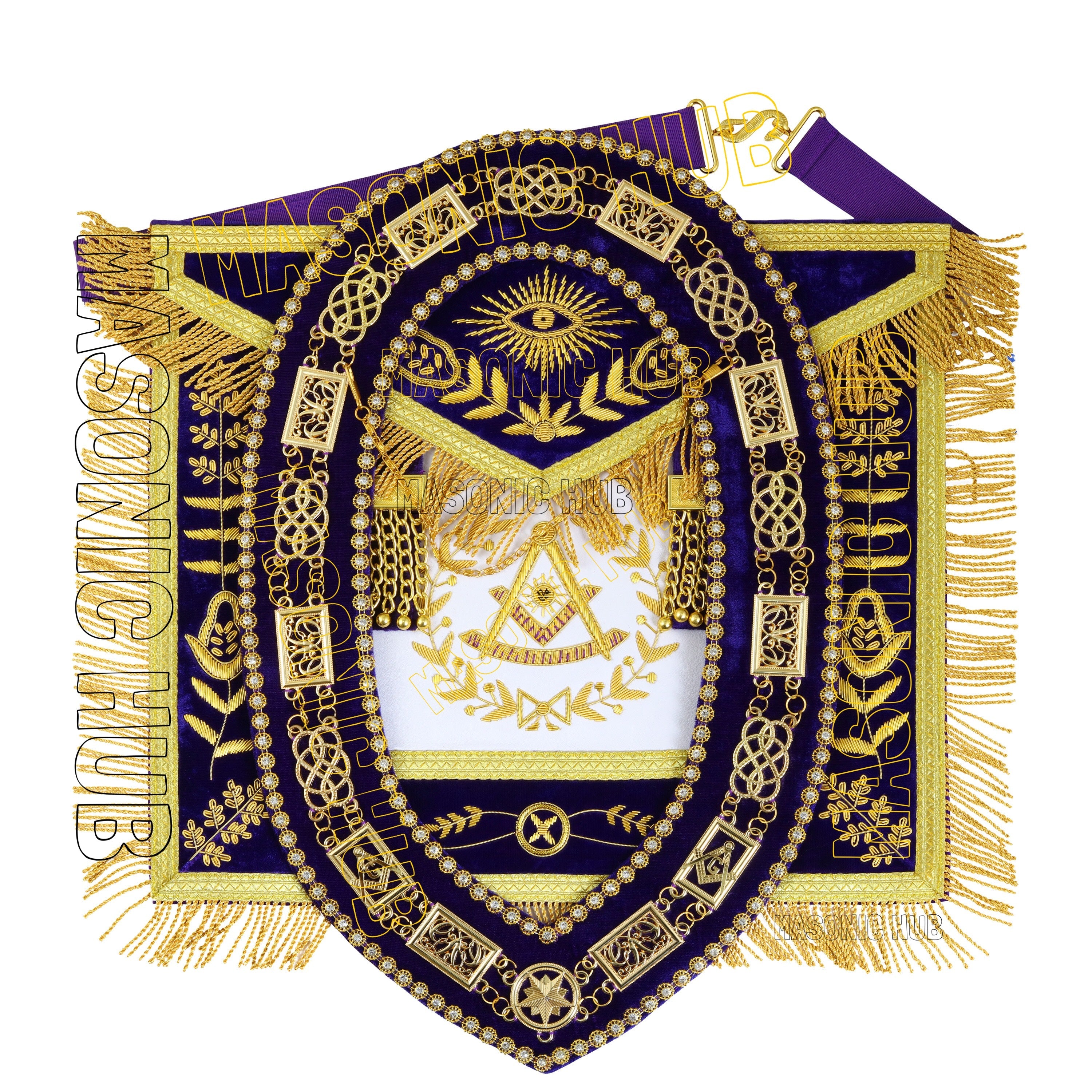 MASONIC GRAND LODGE PAST MASTER 100% LAMBSKIN APRON WITH CHAIN COLLA + CUFFS SET Masonic Hub