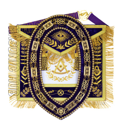 MASONIC GRAND LODGE PAST MASTER 100% LAMBSKIN APRON WITH CHAIN COLLA + CUFFS SET