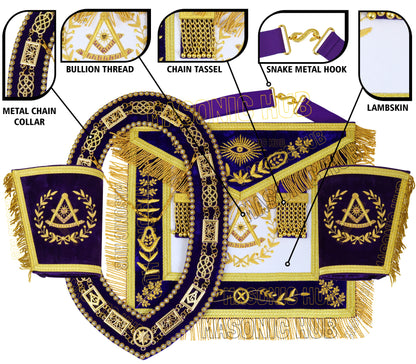 MASONIC GRAND LODGE PAST MASTER 100% LAMBSKIN APRON WITH CHAIN COLLA + CUFFS SET