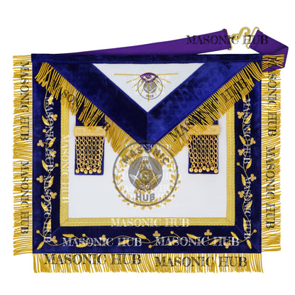 Grand Lodge Officer Aprons Set of 12 – Freemason Lambskin Regalia with Gold Bullion Hand Embroidery, Chain Collars, Jewels & Cuffs