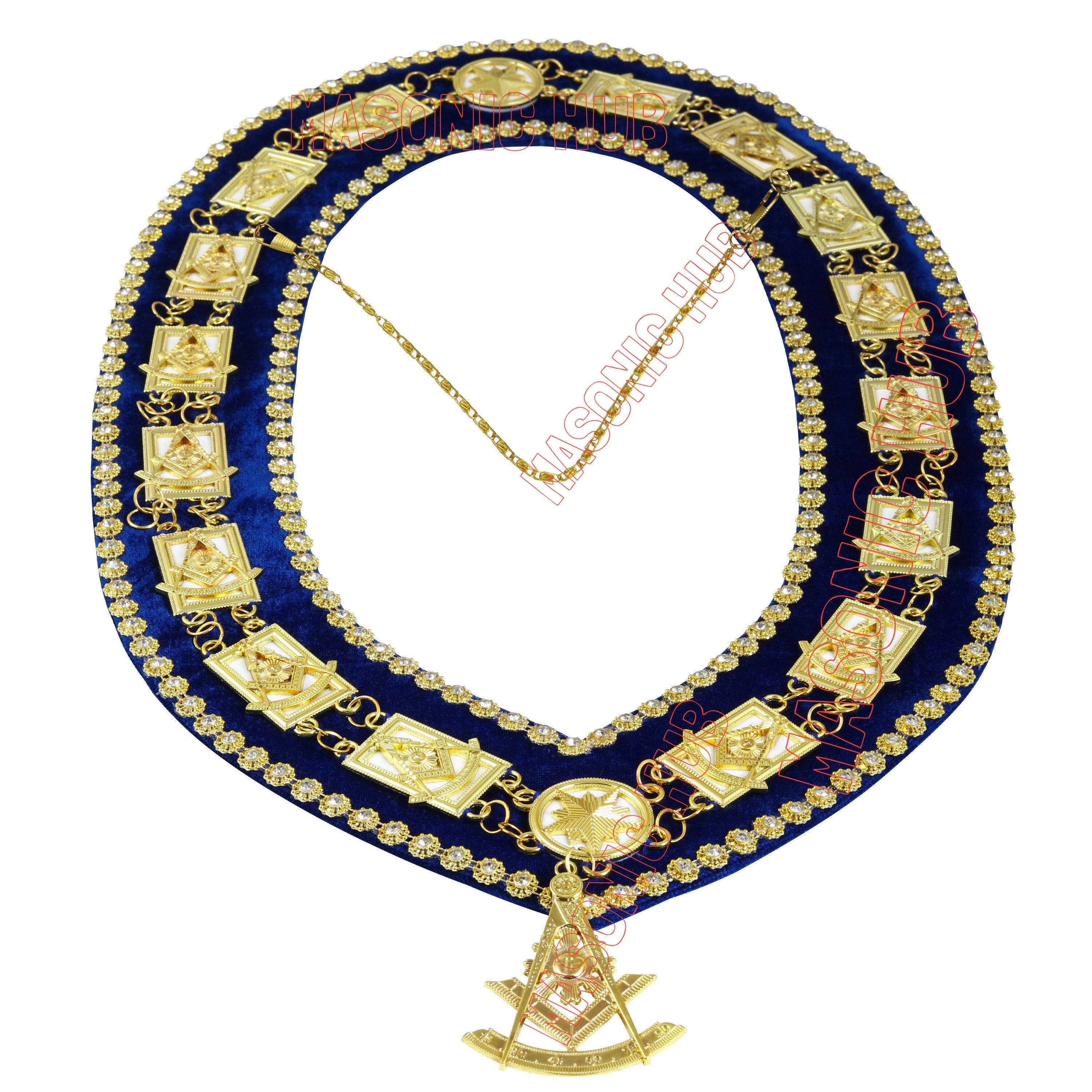 Masonic Past Master Metal Chain Collar Blue Backing With Rhinestones + Free Jewe Masonic Hub