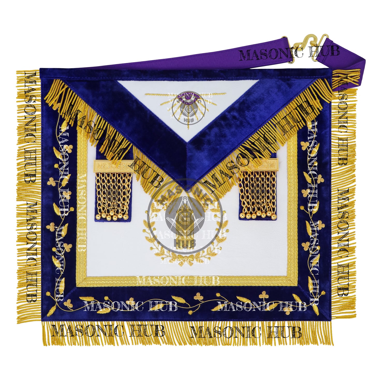 Grand Lodge Officer Aprons Set of 12 – Freemason Lambskin Regalia with Gold Bullion Hand Embroidery, Chain Collars, Jewels & Cuffs