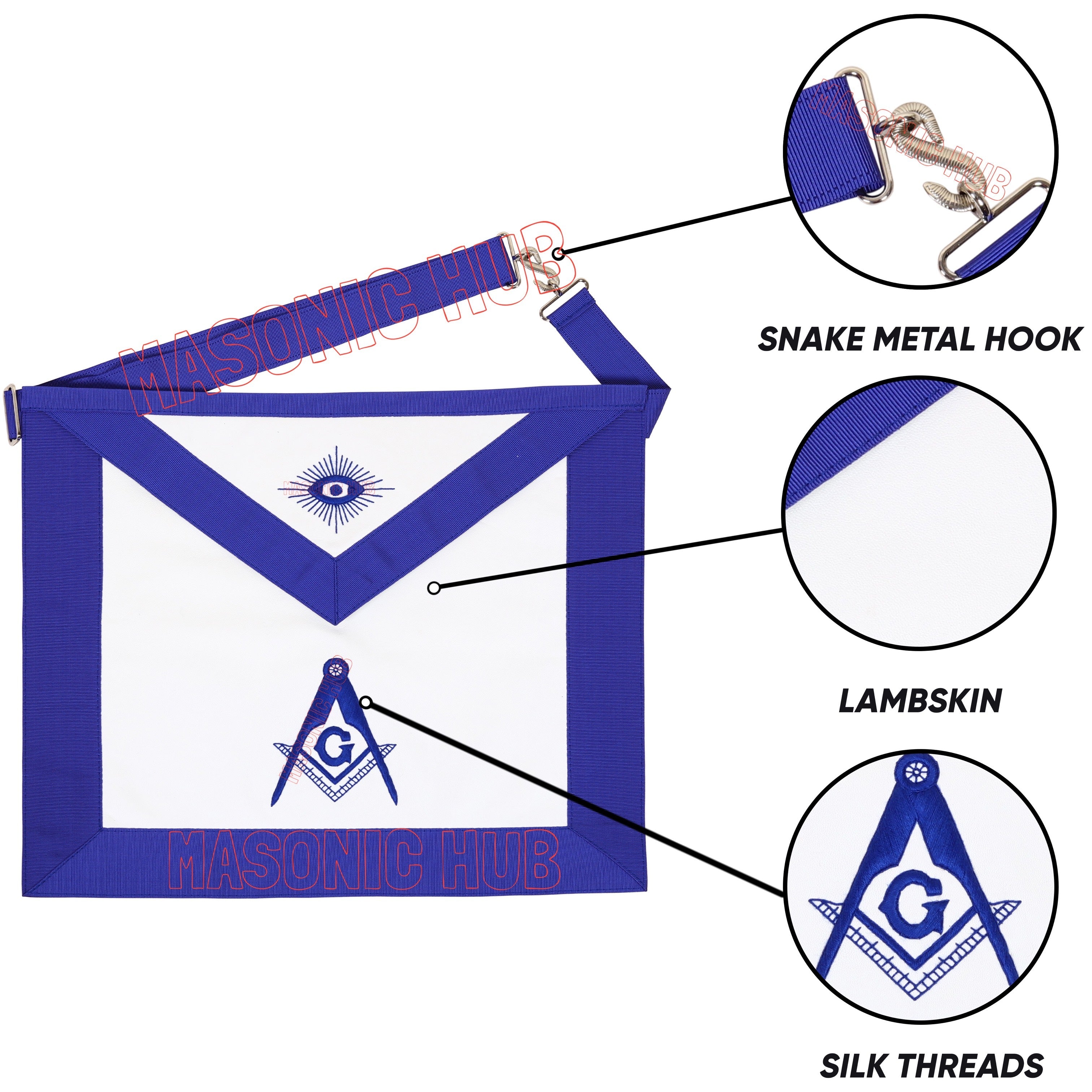 Handmade 100% Lambskin Blue Lodge Apron with Hand-Embroidered Compass &amp; Square Masonic Hub