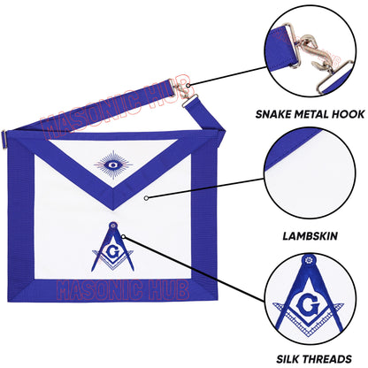 Handmade 100% Lambskin Blue Lodge Apron with Hand-Embroidered Compass &amp; Square