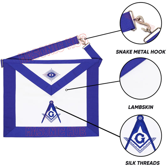 Handmade 100% Lambskin Blue Lodge Apron with Hand-Embroidered Compass &amp; Square