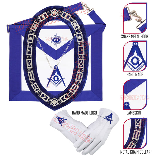 Masonic Blue Lodge Master Mason Apron, Chain Collar &amp; Hand-Embroidered Gloves Set