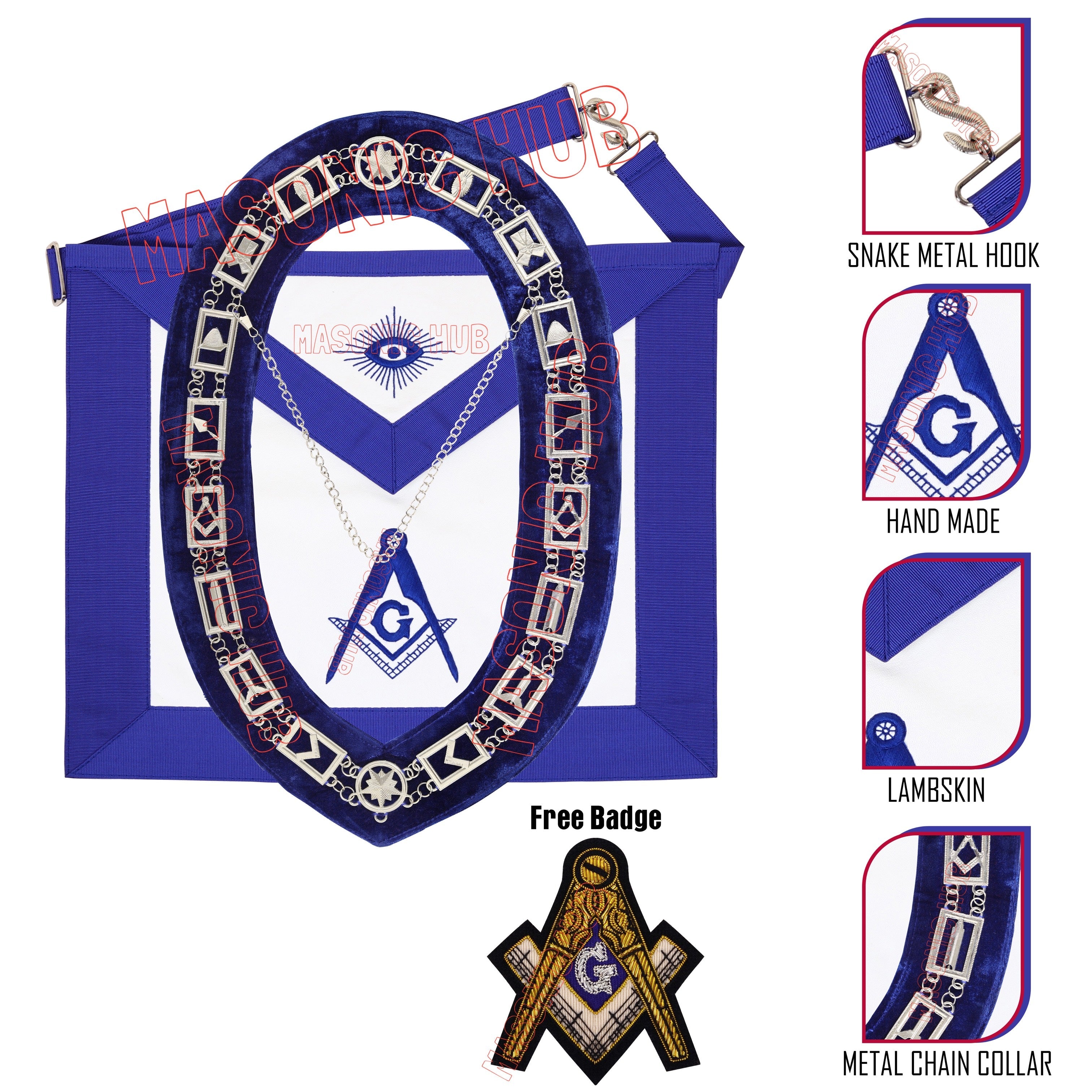 Masonic Blue Lodge Master Mason 100% Lambskin Apron &amp; Working Tools Chain Collar – Includes Free Bullion Badge Masonic Hub