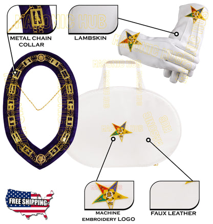 MASONIC OES LOGO CHAIN COLLAR CASE & OES CHAIN COLAR WITH LAMBSKIN GLOVES