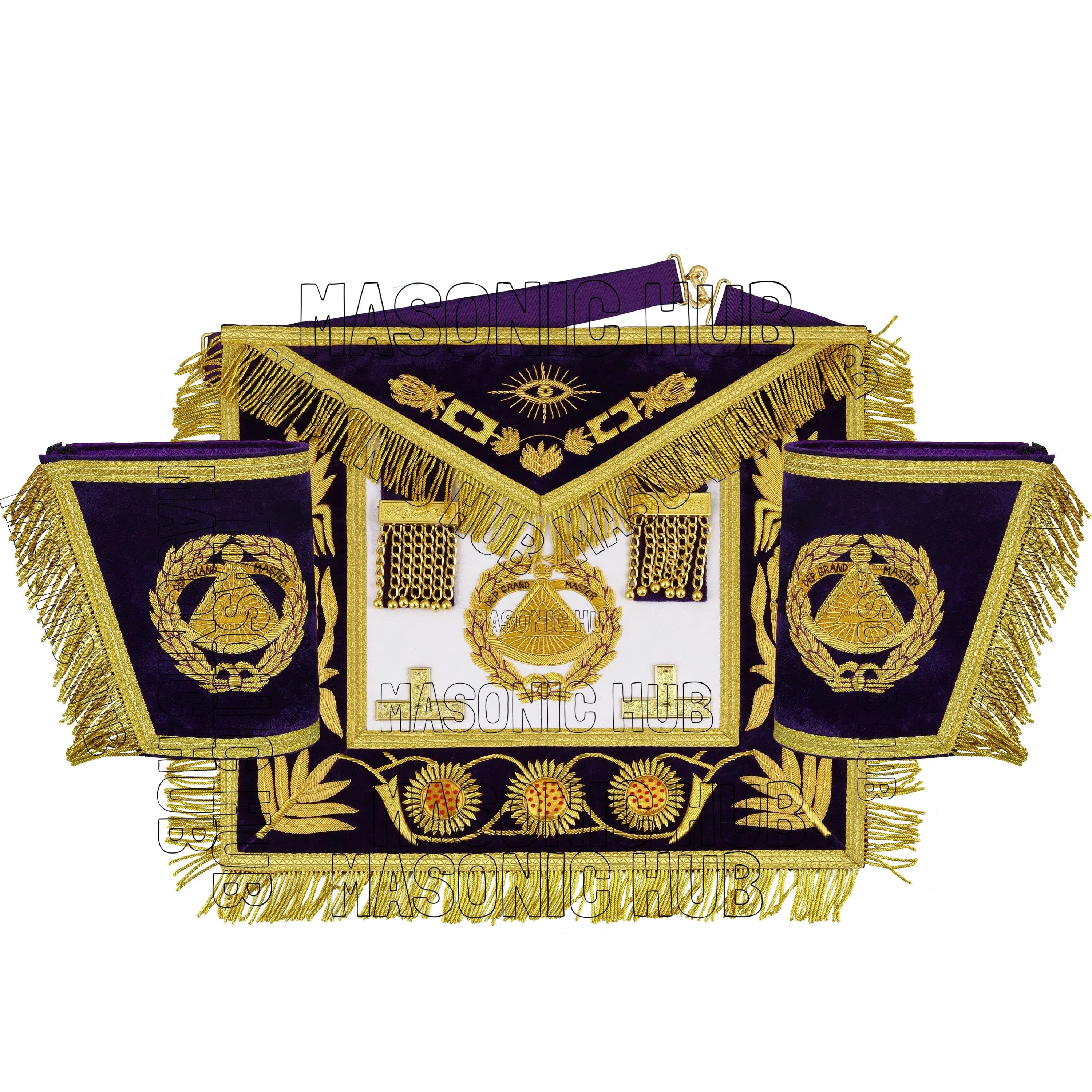Masonic Regalia Deputy Grand Master 100% Lambskin Apron with Chain Collar &amp; Cuffs Masonic Hub