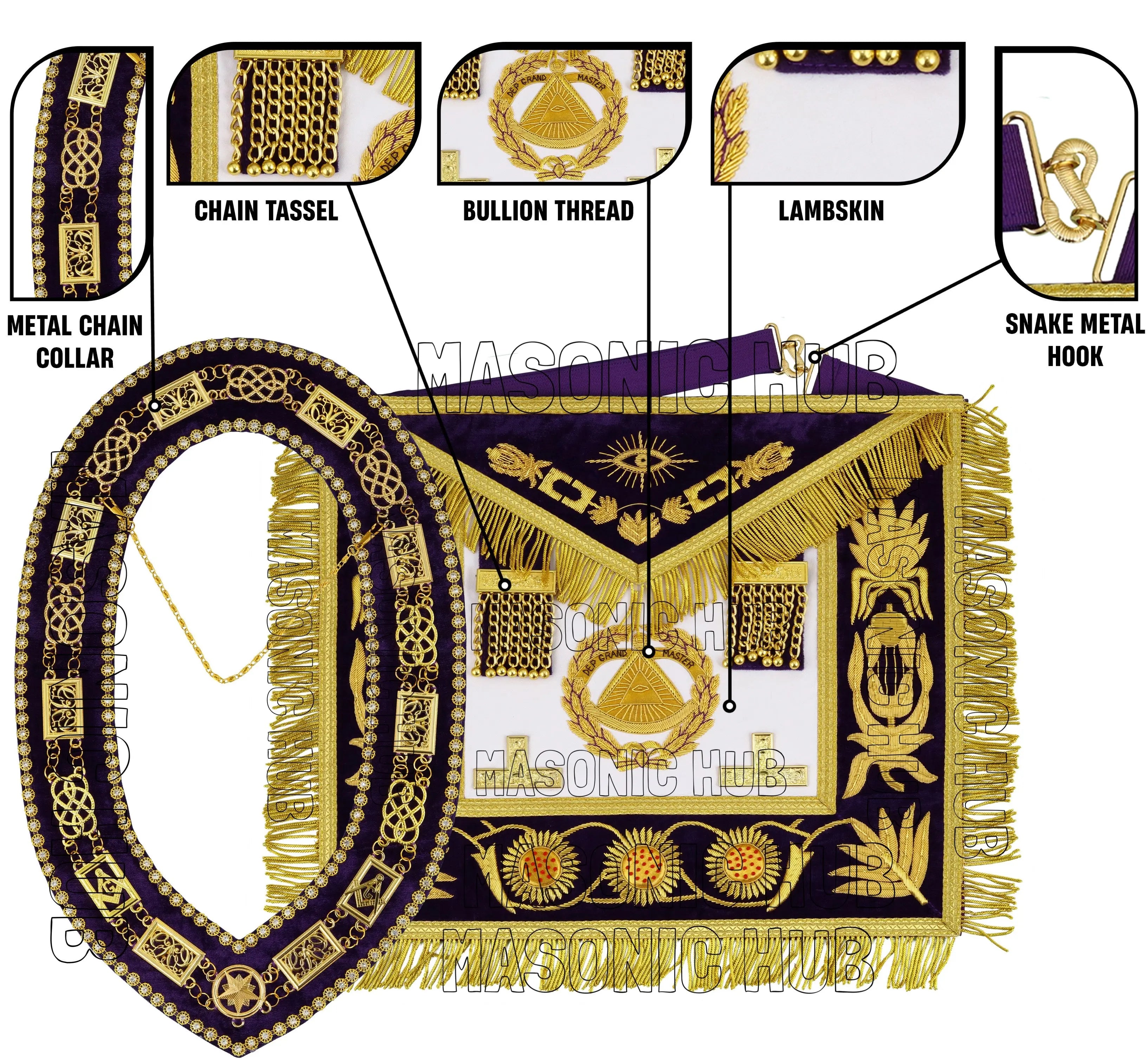 Masonic Regalia Deputy Grand Master 100% Lambskin Apron with Chain Collar &amp; Cuffs Masonic Hub