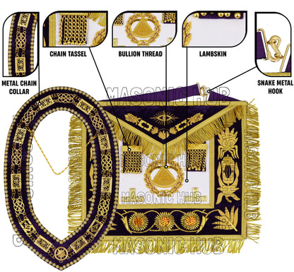 Masonic Regalia Deputy Grand Master 100% Lambskin Apron with Chain Collar &amp; Cuffs