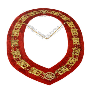 Masonic Shriner Chain Collar – Gold Plated with Red Velvet Backing & Jewel Masonic Hub