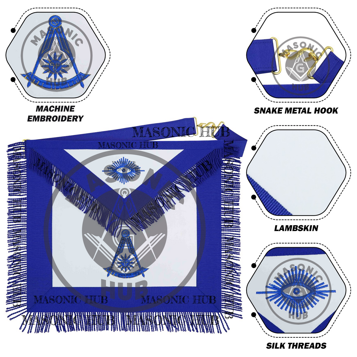 Masonic Past Master Apron – Compass & Quadrant with Sun, Embroidered & Fringe