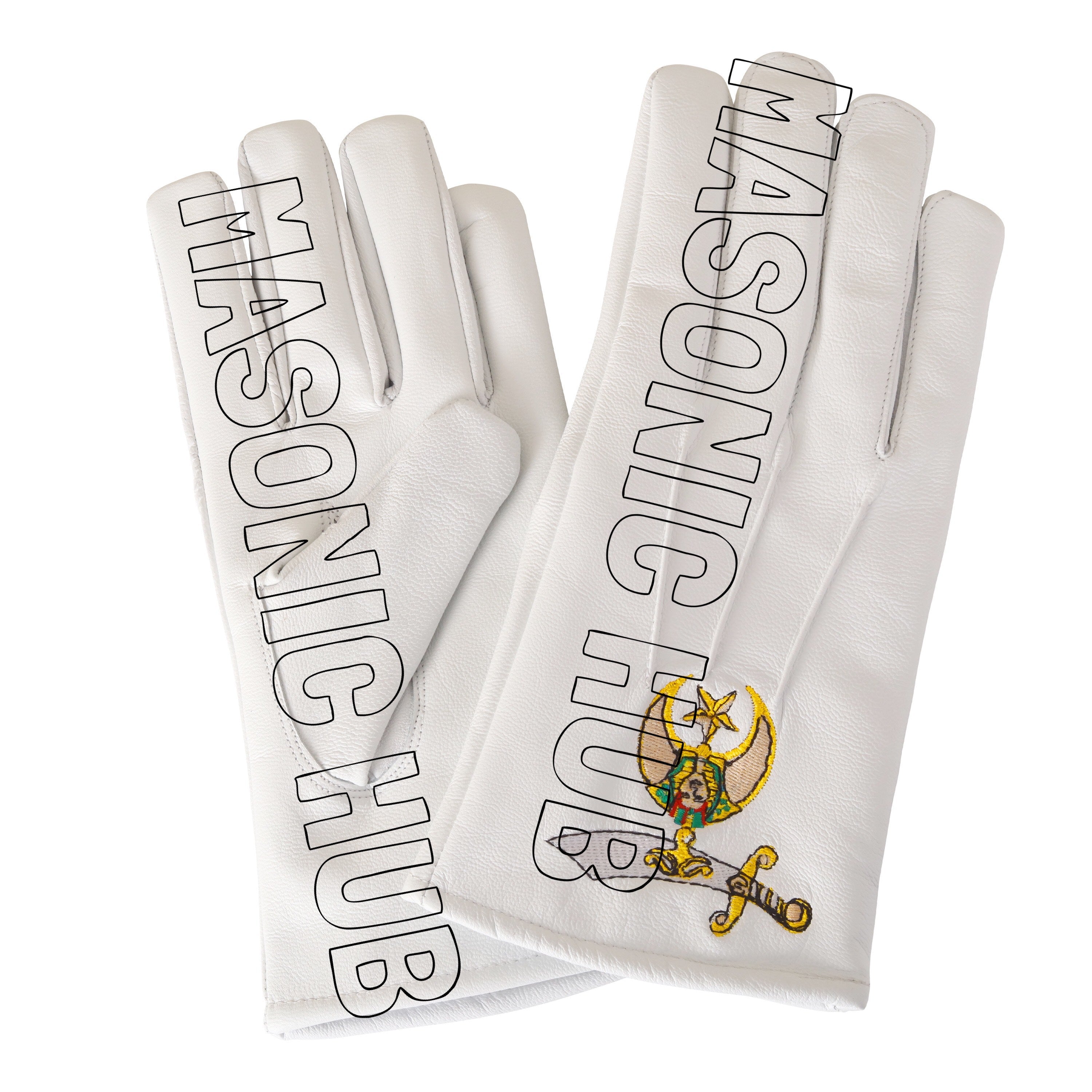 Shriner Masonic White Leather Gloves – Scimitar, Crescent & Star Embroidered Logo Masonic Hub