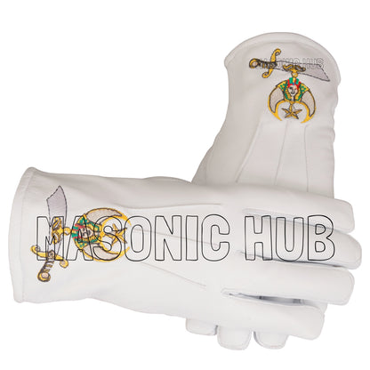 Shriner Masonic White Leather Gloves – Scimitar, Crescent & Star Embroidered Logo