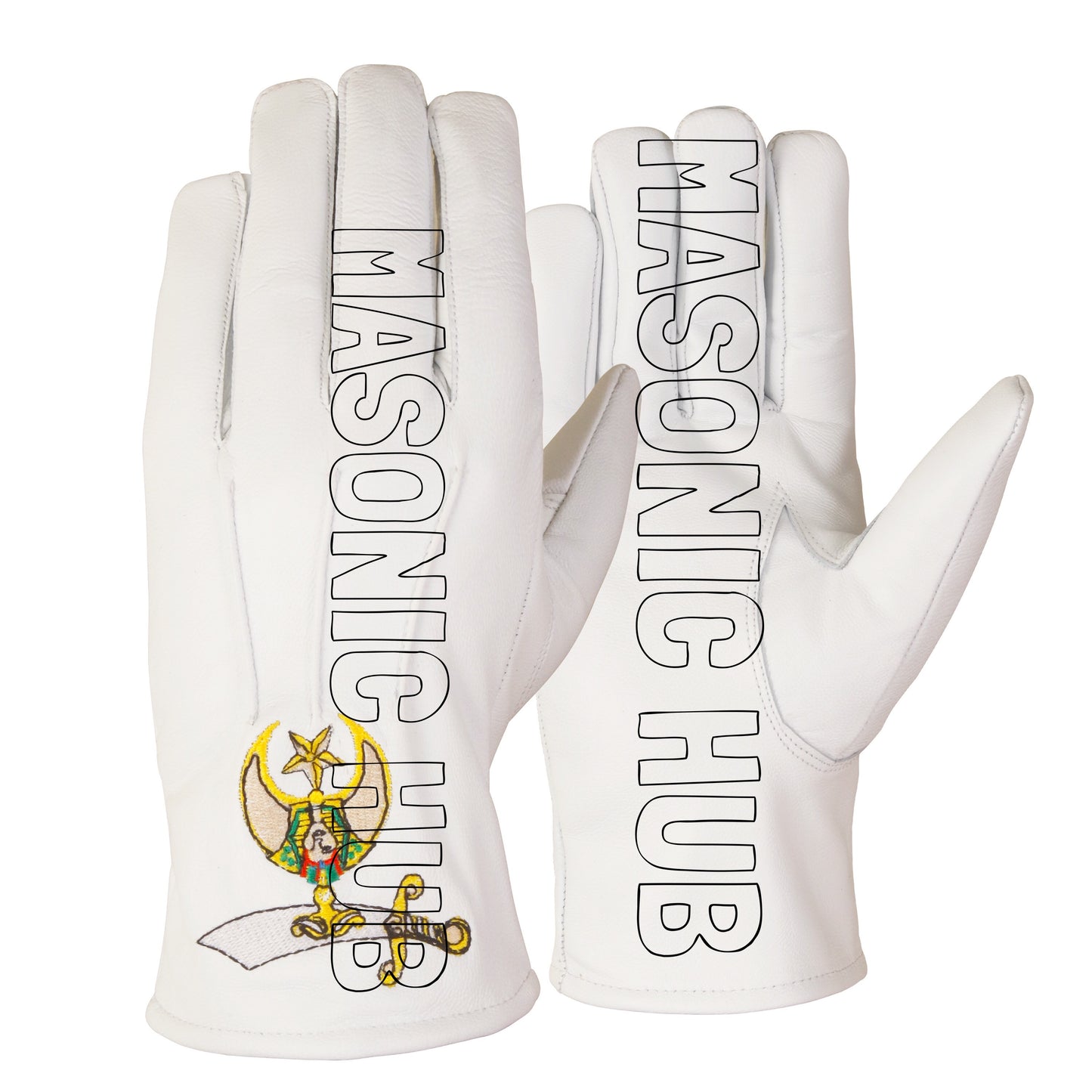 Shriner Masonic White Leather Gloves – Scimitar, Crescent & Star Embroidered Logo