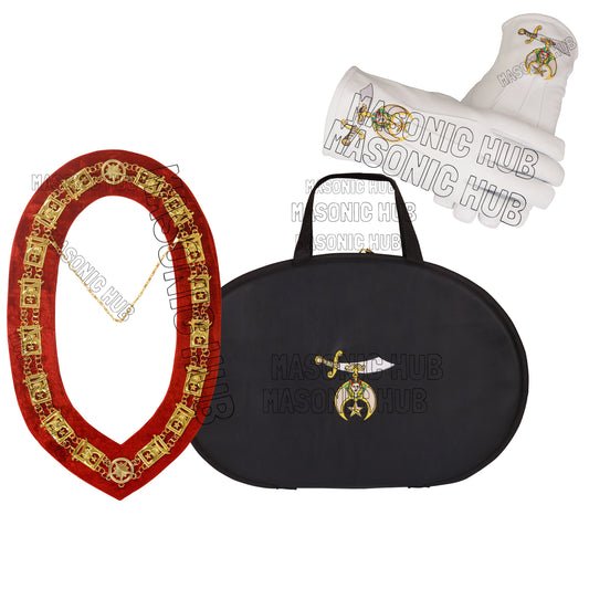 MASONIC SHRINER LOGO CHAIN COLLAR CASE WITH CHAIN COLAR & GLOVES + FREE JEWEL