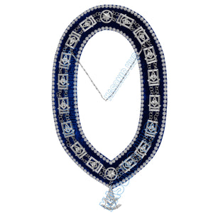 Masonic Past Master Metal Chain Collar Blue Backing With Rhinestones & Jewel Masonic Hub