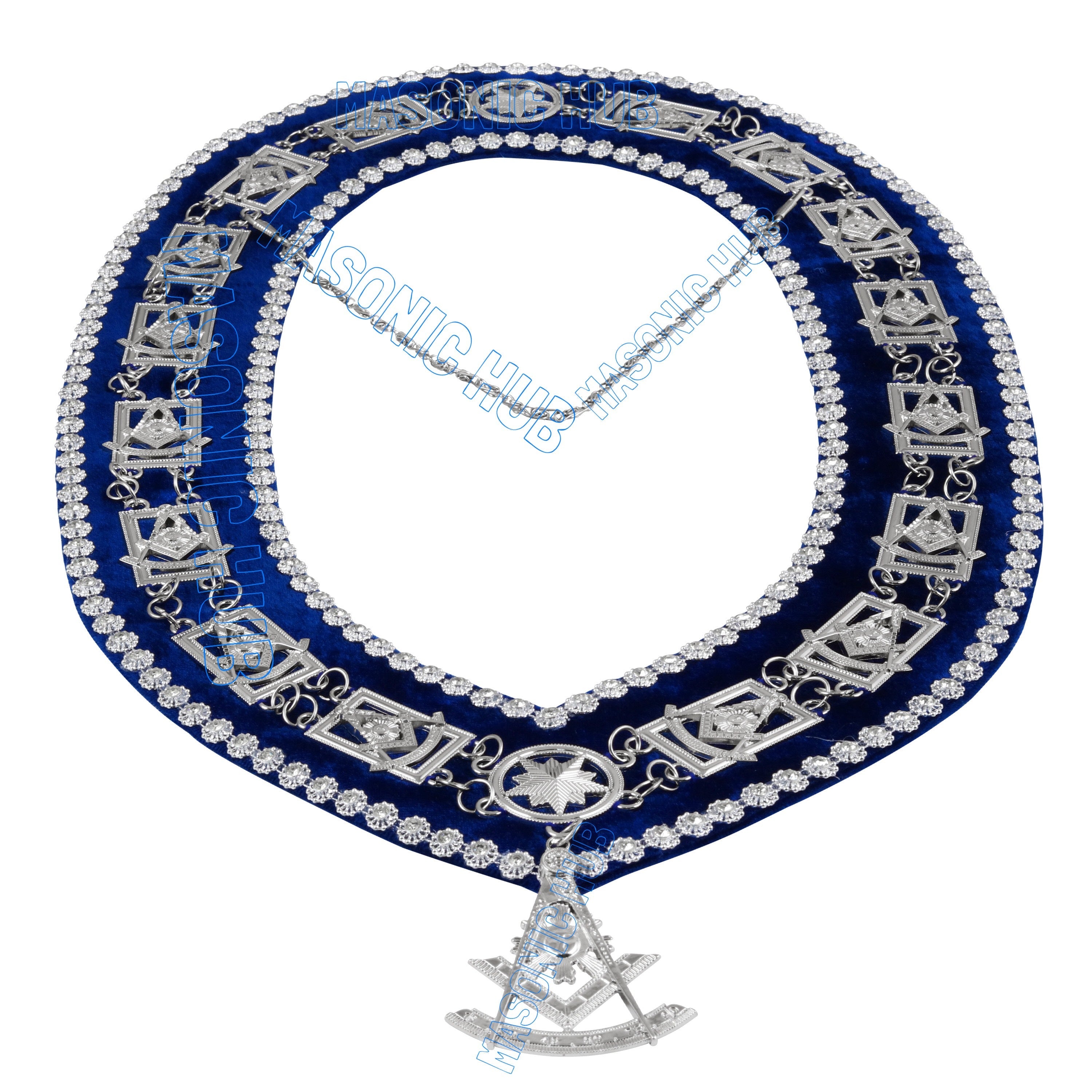 Masonic Past Master Metal Chain Collar Blue Backing With Rhinestones & Jewel Masonic Hub