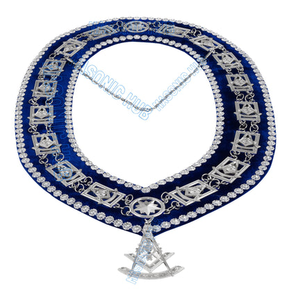 Masonic Past Master Metal Chain Collar Blue Backing With Rhinestones & Jewel
