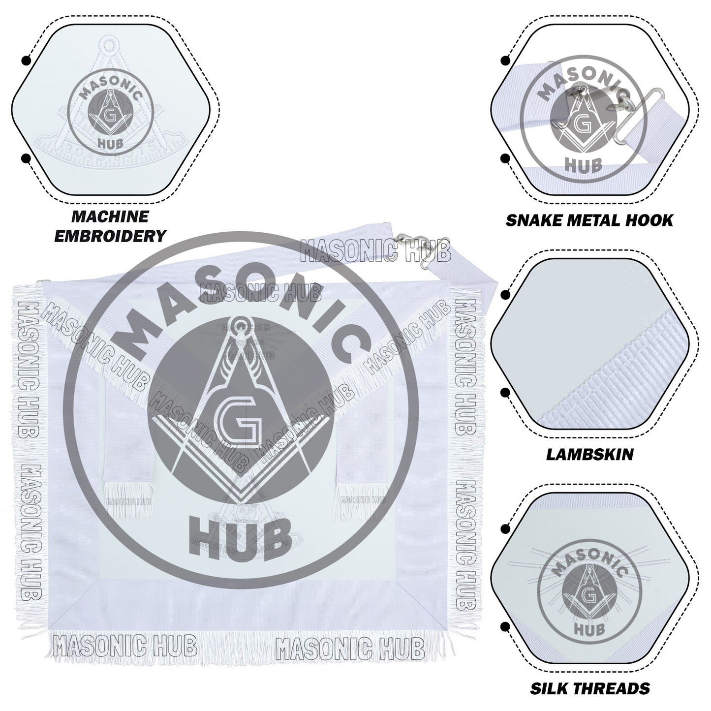 New Freemason Past Master Fringe Apron All White with Sun Emblem Embroidery