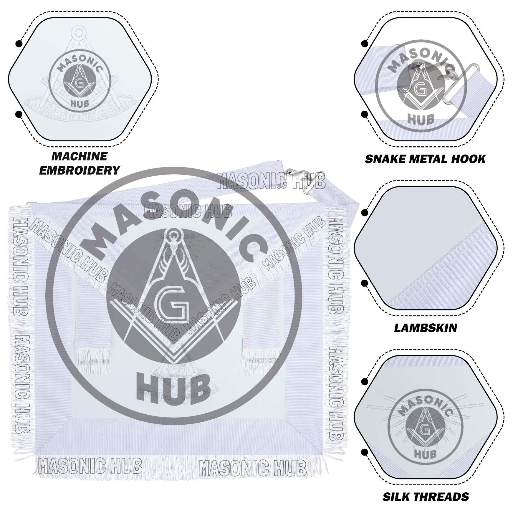 New Freemason Past Master Fringe Apron All White with Sun Emblem Embroidery Masonic Hub