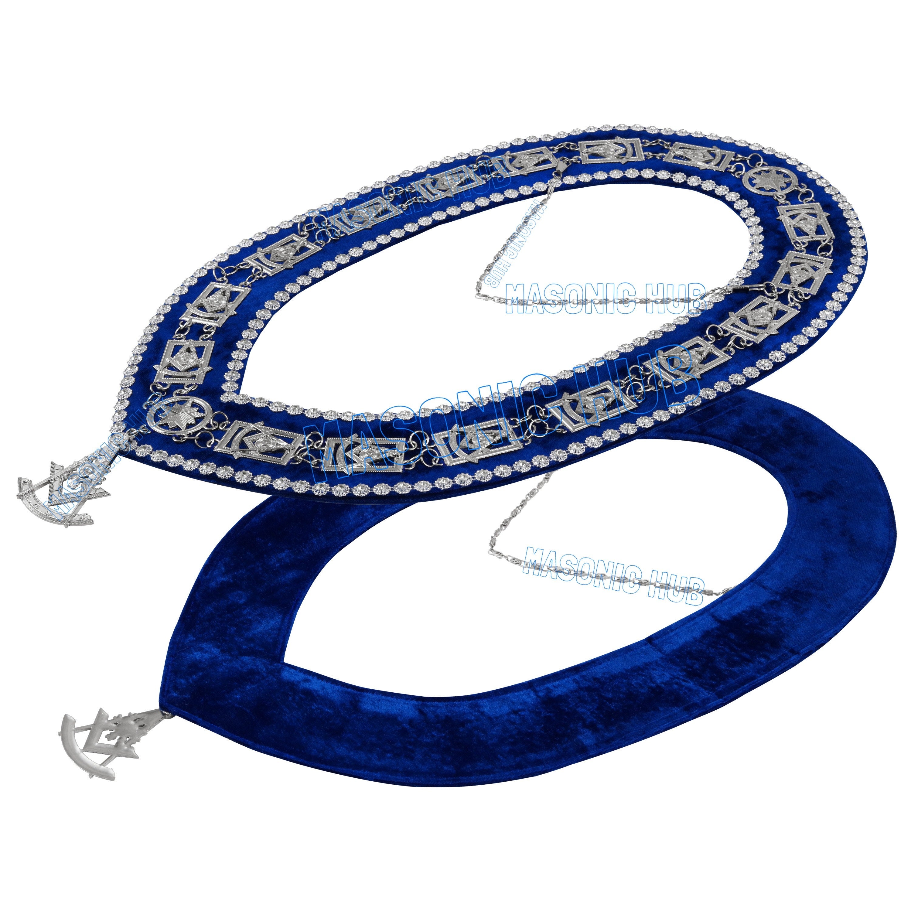Masonic Past Master Metal Chain Collar Blue Backing With Rhinestones & Jewel Masonic Hub