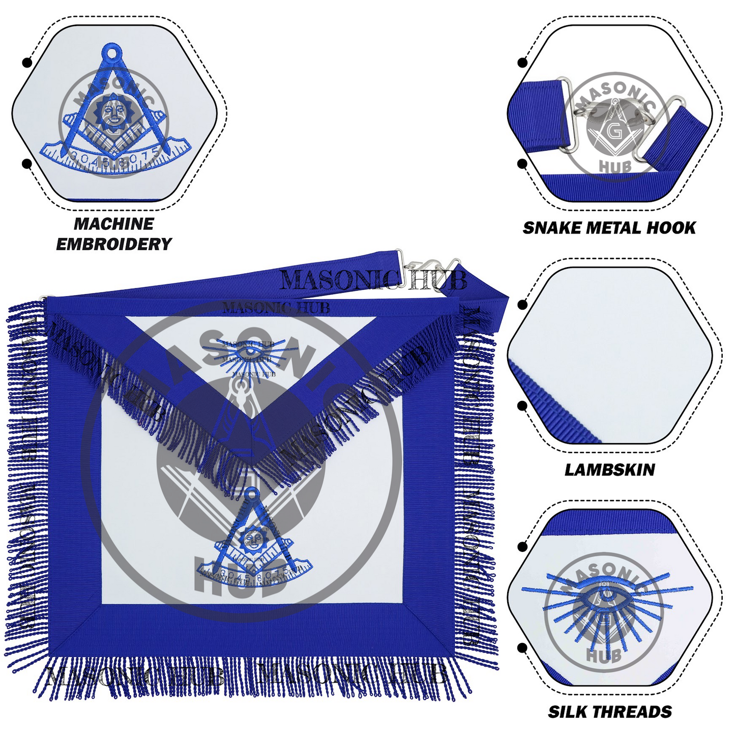 Past Master Masonic Apron – All Blue Sun Emblem with Embroidery & Fringe Regalia