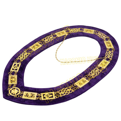 MASONIC REGALIA GRAND LODGE MASON METAL DRESS CHAIN COLLAR PURPLE BACKING - GOLD