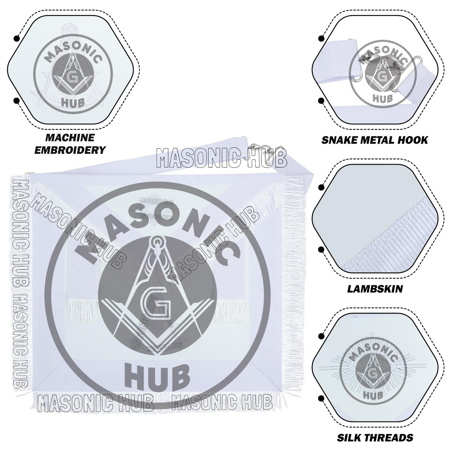 Masonic Past Master Apron – Freemason All White Fringe Regalia with Embroidery