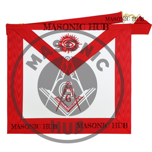 Masonic Master Mason Apron – Red Ribbon Dress Apron with Machine Embroidered Masonic Hub