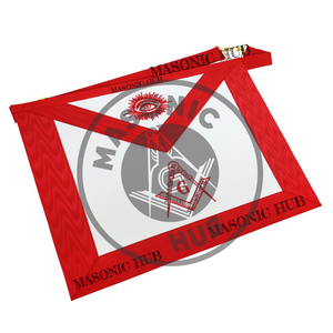 Masonic Master Mason Apron – Red Ribbon Dress Apron with Machine Embroidered Masonic Hub