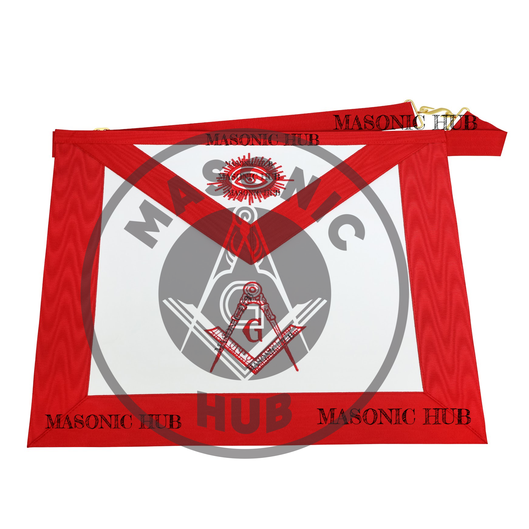 Masonic Master Mason Apron – Red Ribbon Dress Apron with Machine Embroidered Masonic Hub