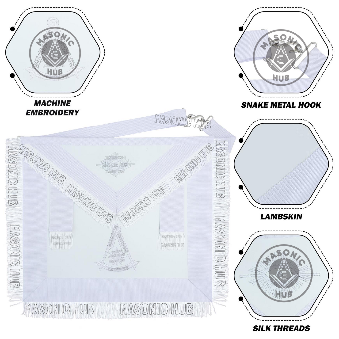 Masonic Past Master Apron – Compass & Quadrant with Sun Embroidered & Fringe
