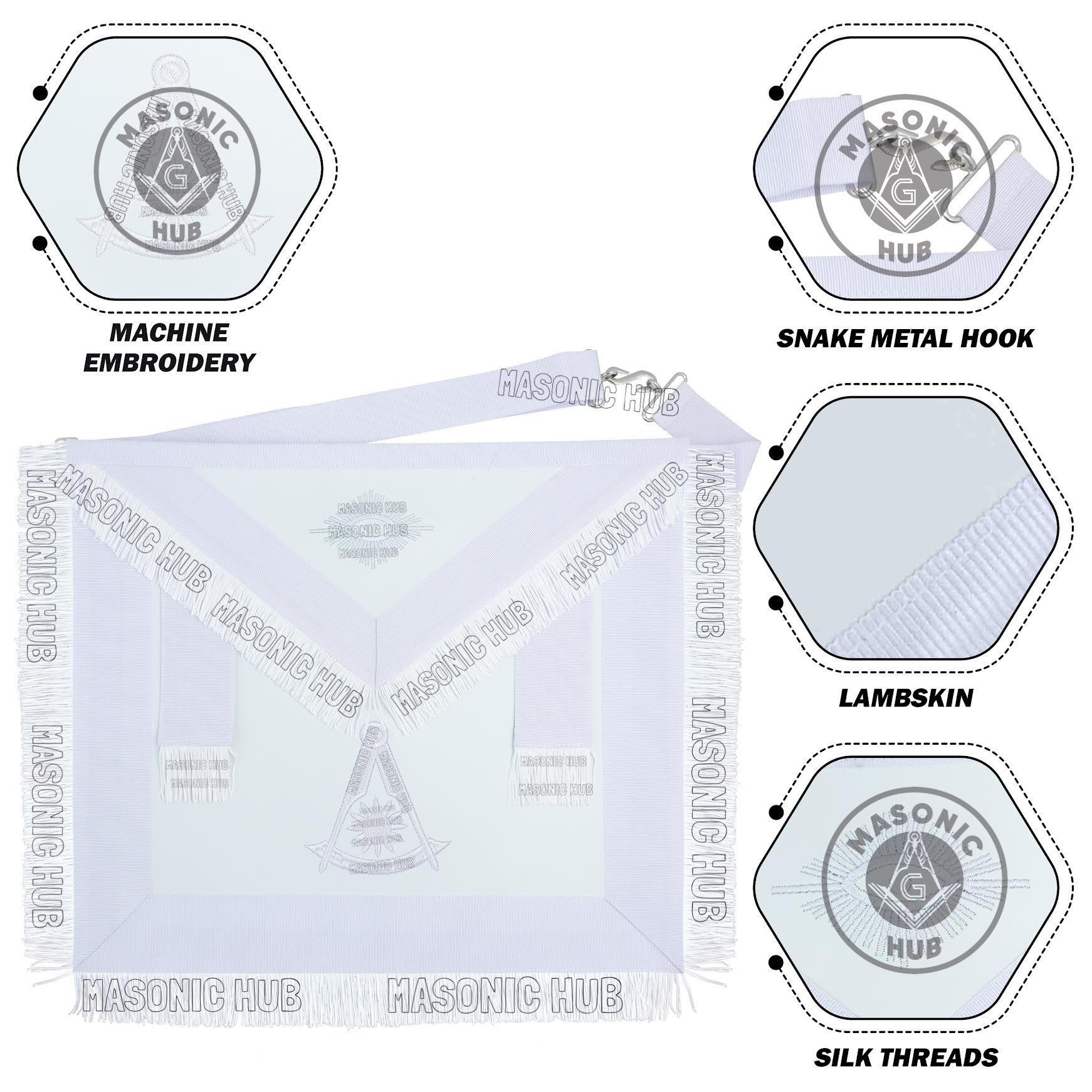 Masonic Past Master Apron – Compass & Quadrant with Sun Embroidered & Fringe Masonic Hub