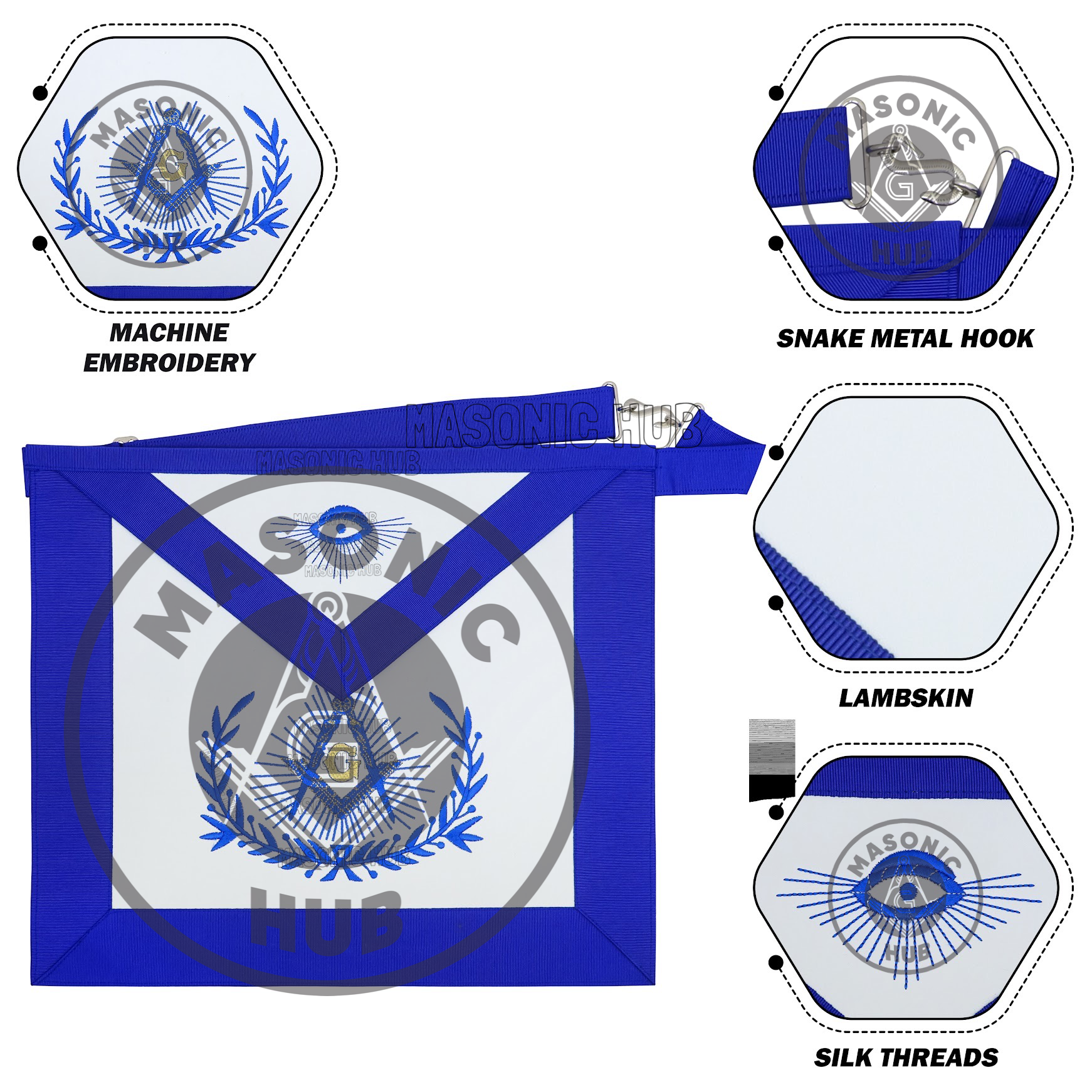 Master Mason Masonic Regalia Apron with Wreath Faux Leather, Machine Embroidered Masonic Hub