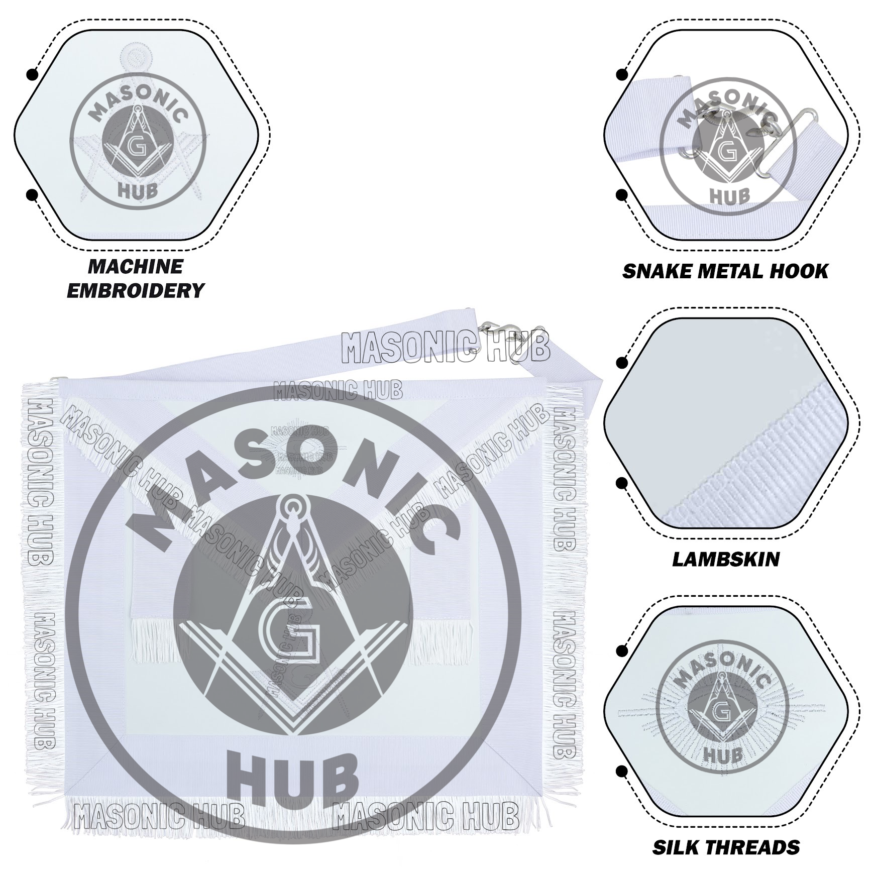 Master Mason Masonic Apron – All White Fringe Machine Embroidery All-Seeing Eye Masonic Hub