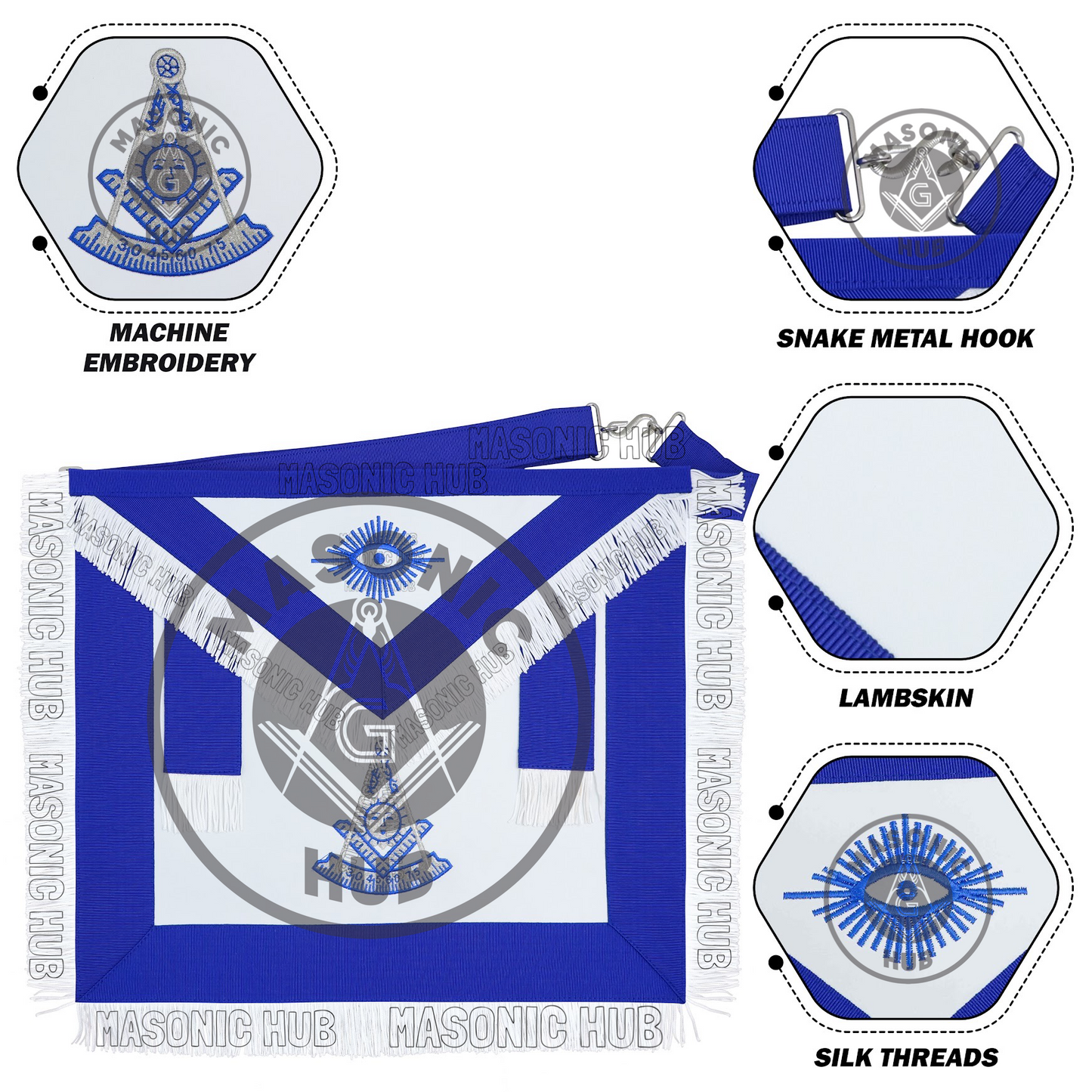Masonic Past Master Apron – Embroidered with Metallic Silver Threads & Fringe