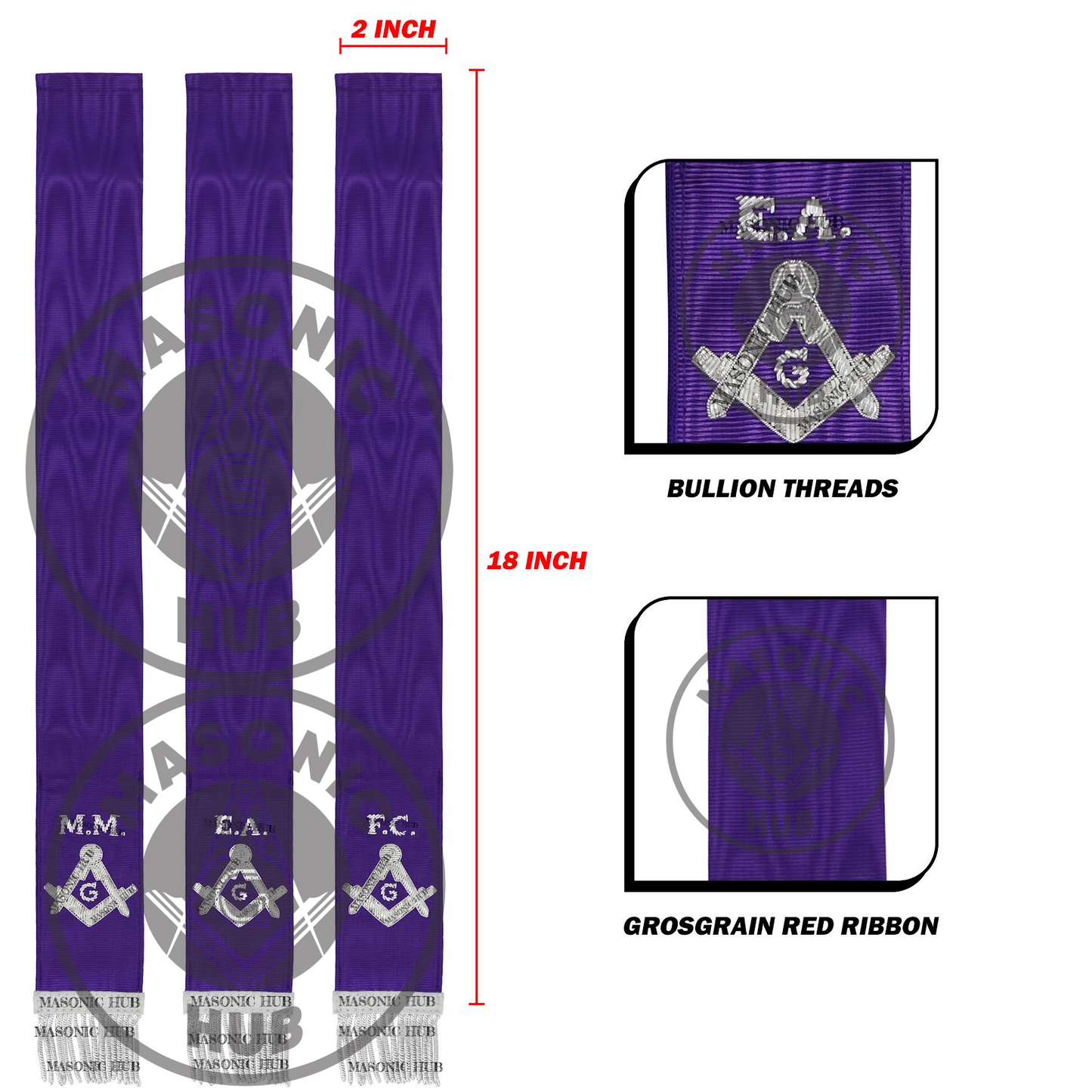 Masonic Bible Markers Hand Embroidered Purple Ribbon & Silver Bullion Threads