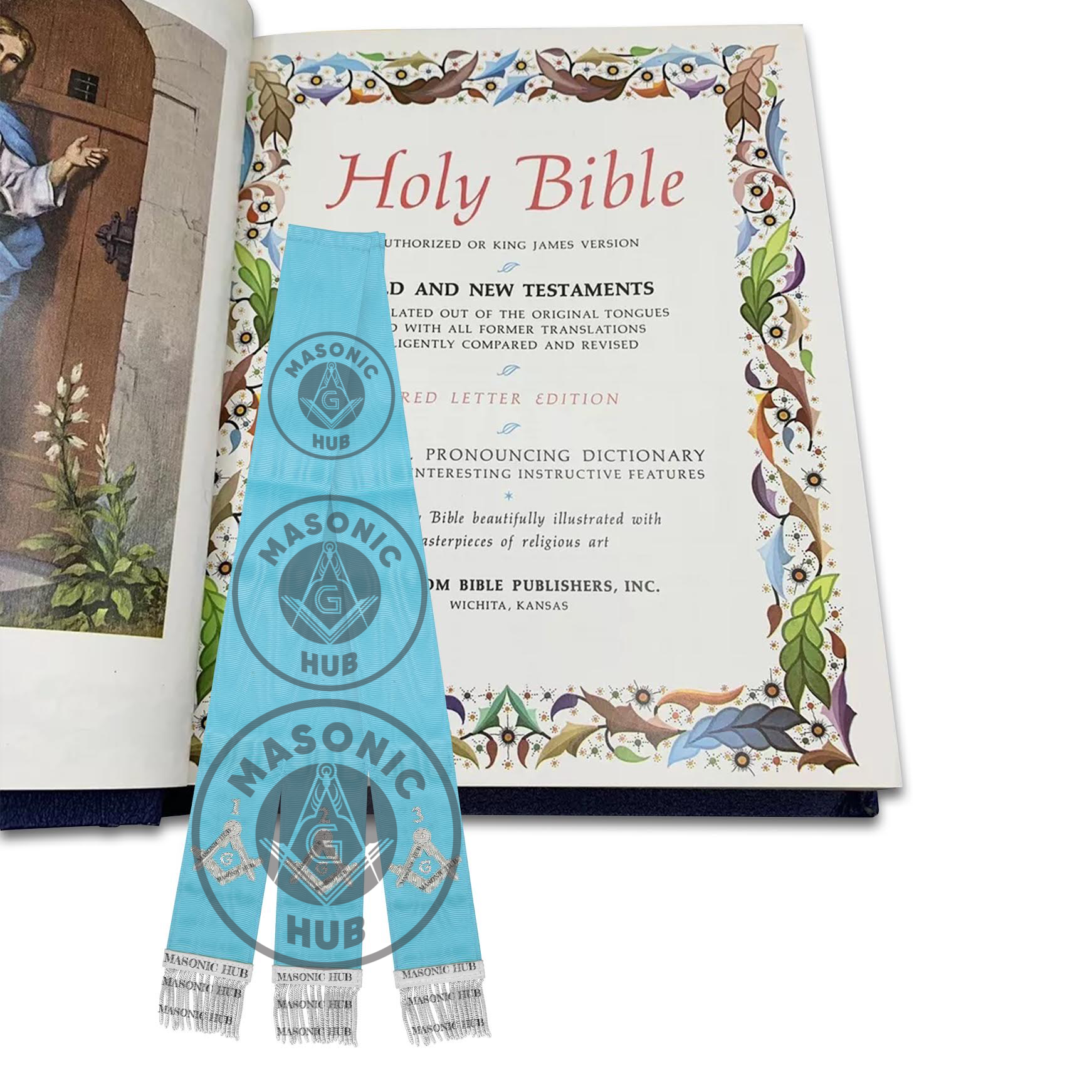 Freemason Light Blue Bible Marker Ribbons with Embroidered Square & Compass Masonic Hub